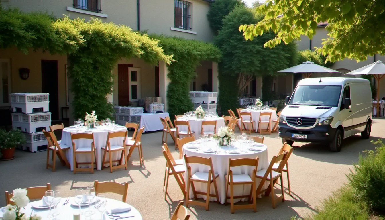 installation préparée pour une location de materiel evenementiel avec tables, chaises et vaisselle près d’un lieu de réception à Vichy